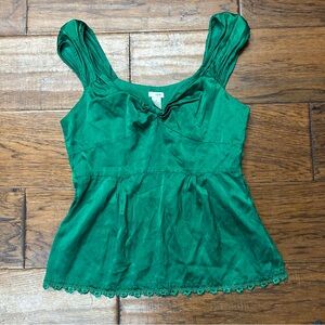 Anthropologie Odille Emerald Silk cotton Peplum lace trim babydoll